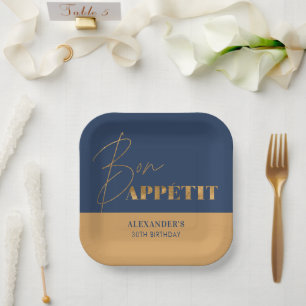 Schicke Navy und Gold Bon Appétit Script Geburtsta Pappteller