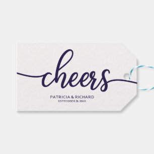 Schicke Navyblaue Kalligrafie Cheers-Weinflaschena Geschenkanhänger