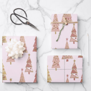 Schicke Pastellrosa und Goldene Weihnachtsbäume Geschenkpapier Set