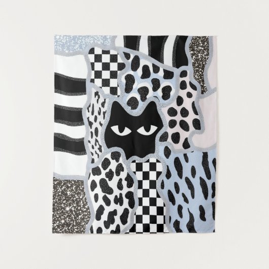 Schicke Patchwork Verdächtige Schwarze Katze Gingh Wandteppich (Vorderseite)