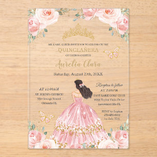 Schicke Quinceañera-Rosa-Blumen-Gold-Prinzessin Acryleinladungen