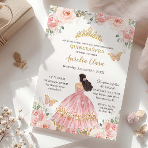 Schicke Quinceañera-Rosa-Blumen-Gold-Prinzessin Einladung