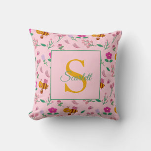 Schicke rosa Biene und Florales Design Name und Mo Kissen