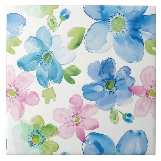Schicke rosa blaue Blumen Fliese (Vorderseite)