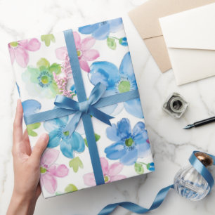 Schicke rosa blaue Blumen Geburtstag Geschenkpapier