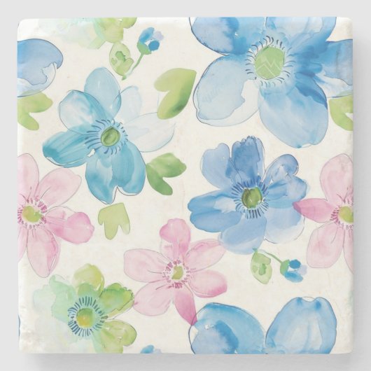 Schicke rosa blaue Blumen Steinuntersetzer (Vorderseite)