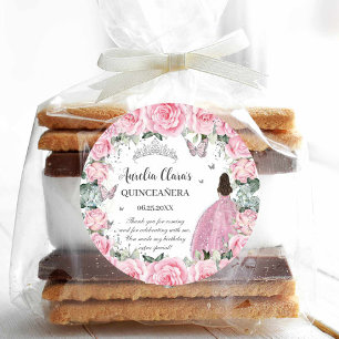 Schicke rosa Blumen Prinzessin Silber Quinceañera  Runder Aufkleber