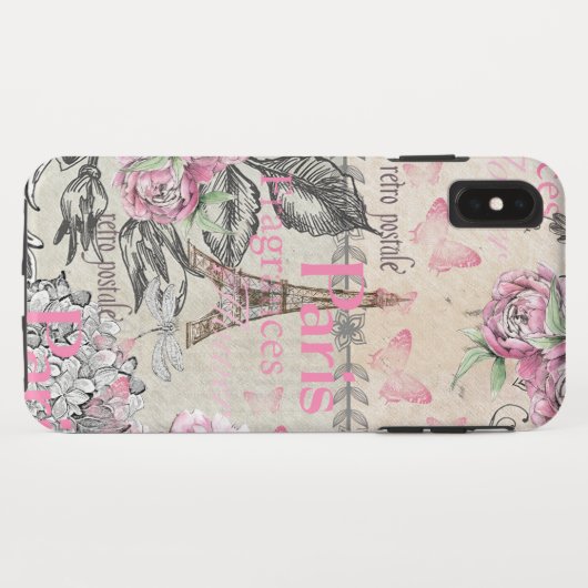 Schicke rosa Blumenparis-Eiffelturmtypographie Case-Mate iPhone Hülle (Rückseite (Horizontal))