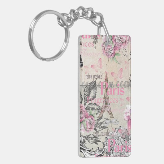 Schicke rosa Blumenparis-Eiffelturmtypographie Schlüsselanhänger (Vorderseite links)