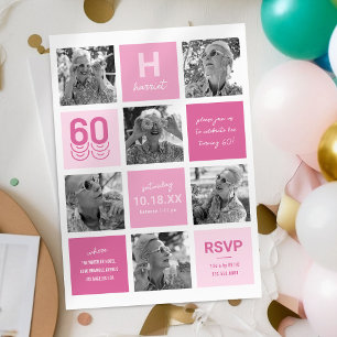 Schicke rosa Fotocollage zum 60. Geburtstag Einlad Einladung