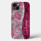 Schicke rosa Fuchsien-Glitter-Blätter-Monogramm Case-Mate iPhone Hülle (Rückseite)