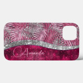 Schicke rosa Fuchsien-Glitter-Blätter-Monogramm Case-Mate iPhone Hülle (Rückseite (Horizontal))
