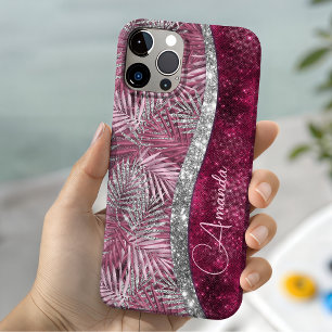 Schicke rosa Fuchsien-Glitter-Blätter-Monogramm  Case-Mate iPhone Hülle