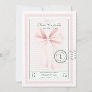 Schicke rosa Gingham-Schleife zum ersten Geburtsta Einladung
