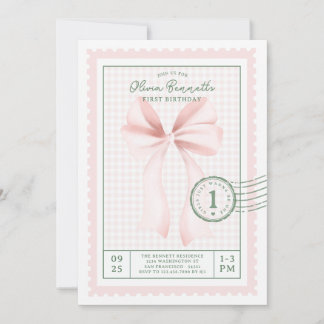 Schicke rosa Gingham-Schleife zum ersten Geburtsta Einladung