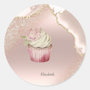 Schicke rosa goldene Glitter-Marmor-Cupcake Runder Aufkleber