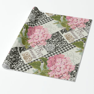 Schicke rosa Hortensien-Collage Vintage-Damaskus-K Geschenkpapier