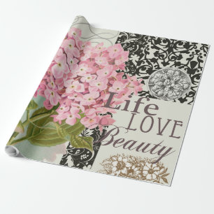 Schicke rosa Hortensien-Collage Vintage-Damaskus-K Geschenkpapier