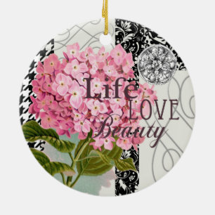 Schicke rosa Hortensien-Collage Vintage-Damaskus-K Keramikornament