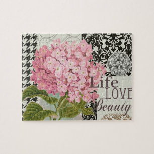 Schicke rosa Hortensien-Collage Vintage-Damaskus-K Puzzle
