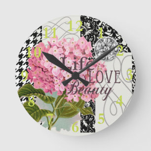 Schicke rosa Hortensien-Collage Vintage-Damaskus-K Runde Wanduhr