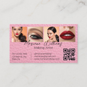 Schicke rosa Leder-Makeup-Artist 4 Foto-QR-Code Visitenkarte