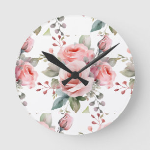 Schicke rosa Rosen Blumen Floraluhr Runde Wanduhr