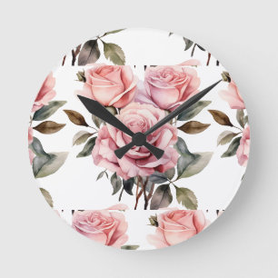 Schicke rosa Rosen Blumen Floraluhr Runde Wanduhr