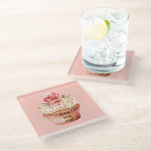Schicke rosa Rosen-Cupcake Glasuntersetzer (Schrägansicht)
