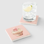 Schicke rosa Rosen-Cupcake Steinuntersetzer (Seitenansicht)