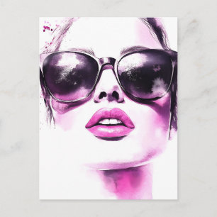 Schicke rosa Wasserfarbe Mode Frau Sonnenbrille Ankündigungspostkarte