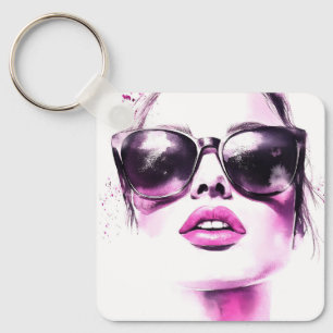 Schicke rosa Wasserfarbe Mode Frau Sonnenbrille Schlüsselanhänger