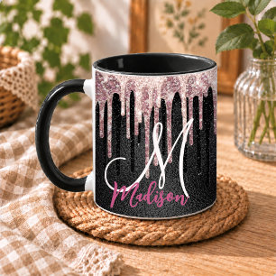 Schicke Rose Erröten schwarzes tropfendes Monogram Tasse