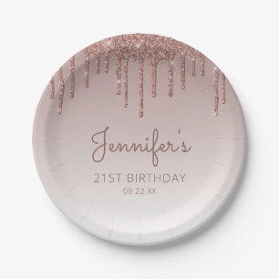 Schicke Rose Gold Glitter Drip 21. Geburtstagsfeie Pappteller