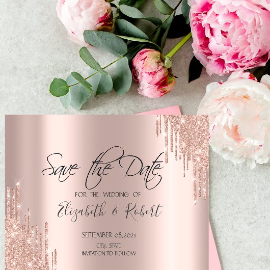 Schicke Rose Gold Glitter Drips Save The Date