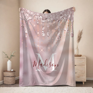 Schicke Rose Hauch von Gold Glitter-Tropfen Monogr Fleecedecke