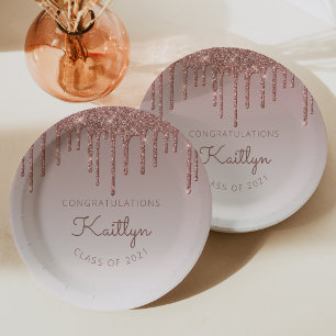 Schicke Roségold-Glitter-Drip-Abschlussfeier Pappteller