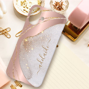 Schicke Roségold Glitter gebürstete Metall-Monogra iPhone 16 Plus Hülle