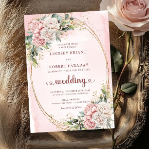 Schicke Roségold-Rosé-Blumen-Hochzeit Einladung