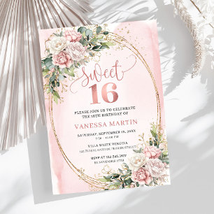Schicke Rosen-Gold-Blumen und Grün für Sweet Sixte Einladung