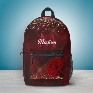 Schicke rote Blume falsches Gold Glitter Monogramm Bedruckter Rucksack