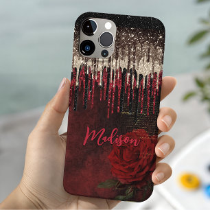 Schicke rote Blume goldene Tropfen Glitter Monogra Case-Mate iPhone Hülle
