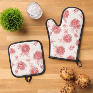 Schicke rote Blumen Ofenhandschuh & Topflappen-Set