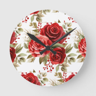 Schicke rote Rosen Blumen Floraluhr Runde Wanduhr