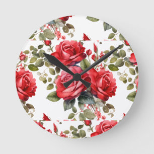 Schicke rote Rosen Blumen Floraluhr Runde Wanduhr