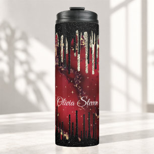 Schicke rote schwarze Tröpfchen Glitter-Monogramm Thermosbecher
