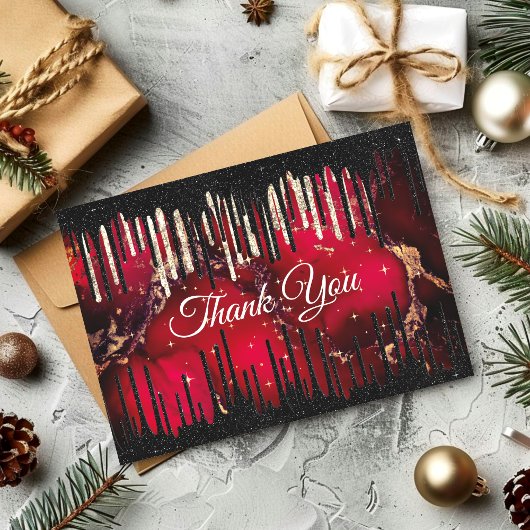 Schicke rote schwarze tropfende Glitter-Monogramme Dankeskarte
