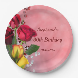 Schicke rote und gelbe Rosen 80. Geburtstag Pappteller