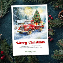 Schicke rustikale rote LKW-Weihnachtsszene-Grußkar