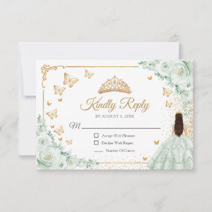 Schicke Salbeigrüne Rosen Goldene Quinceanera-Antw RSVP Karte